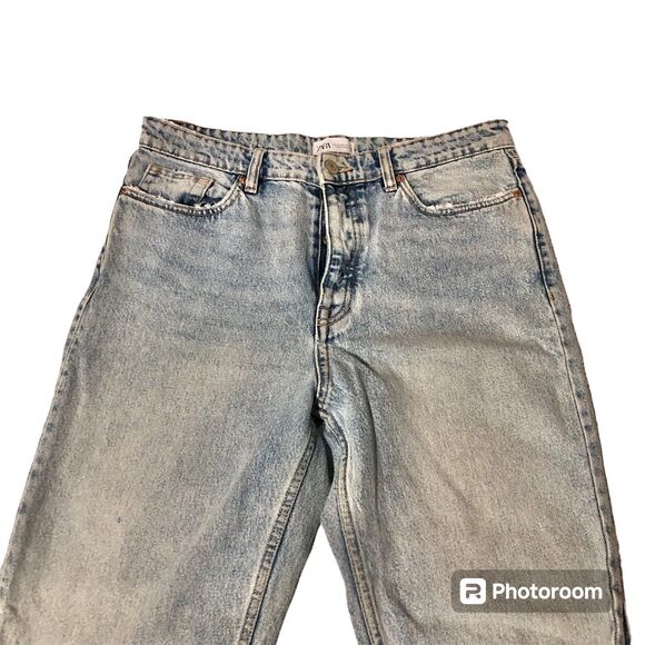ZARA distressed light wash raw hem straight leg jeans 4 button women's size 10 - Picture 2 of 12
